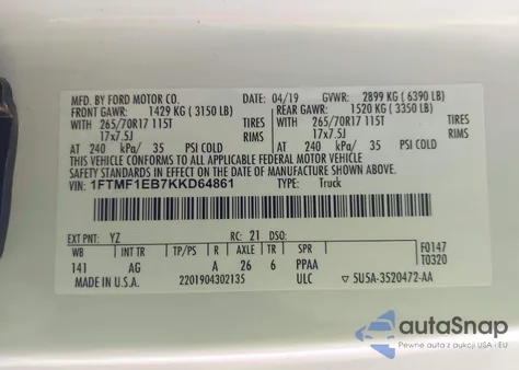 2019 Ford F-150 Xl из США, поврежденный, VIN 1FTMF1EB7KKD64861